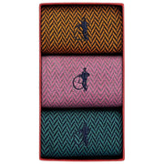 London Sock Company Bond St. Herringbone 3-paar sokkenboxenset - blauw/roze/geel