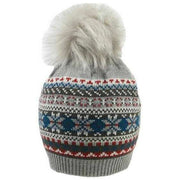 Dents Jacquard Fair Isle Faux Fur Pom Pom Knitted Bobble Hat - Dove Grey