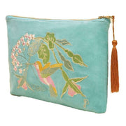 Powder Hummingbird Velvet Embroidered Zip Pouch - Aqua Blue