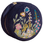 Poederrond fluwelen sieradendoosje met bloemen - marineblauw